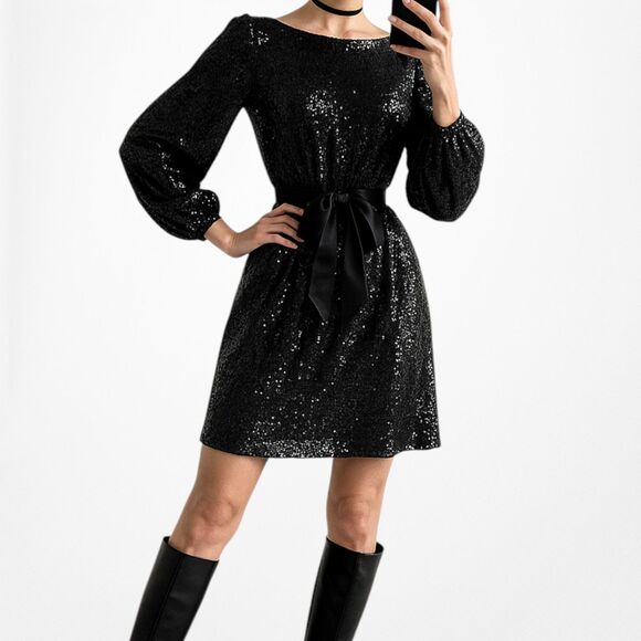 Vintage Y2K Black Long Sleeve Sequin Knee Length Tied Waist Dress Size M - Picture 1 of 7